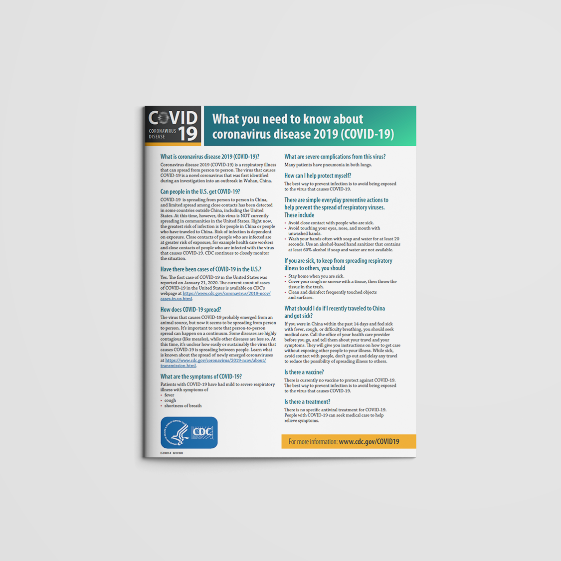 From The CDC: What You Need to Know about nCoV Fact Sheet (Team Communications)
